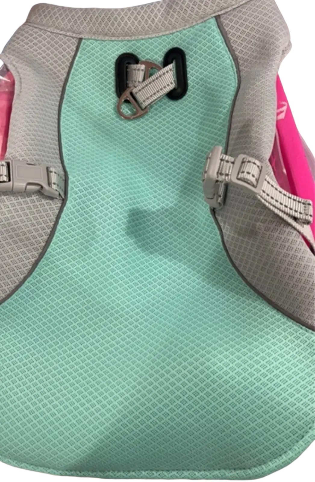Teal and gray mesh dog cooling vest with buckle clips and adjustable side straps