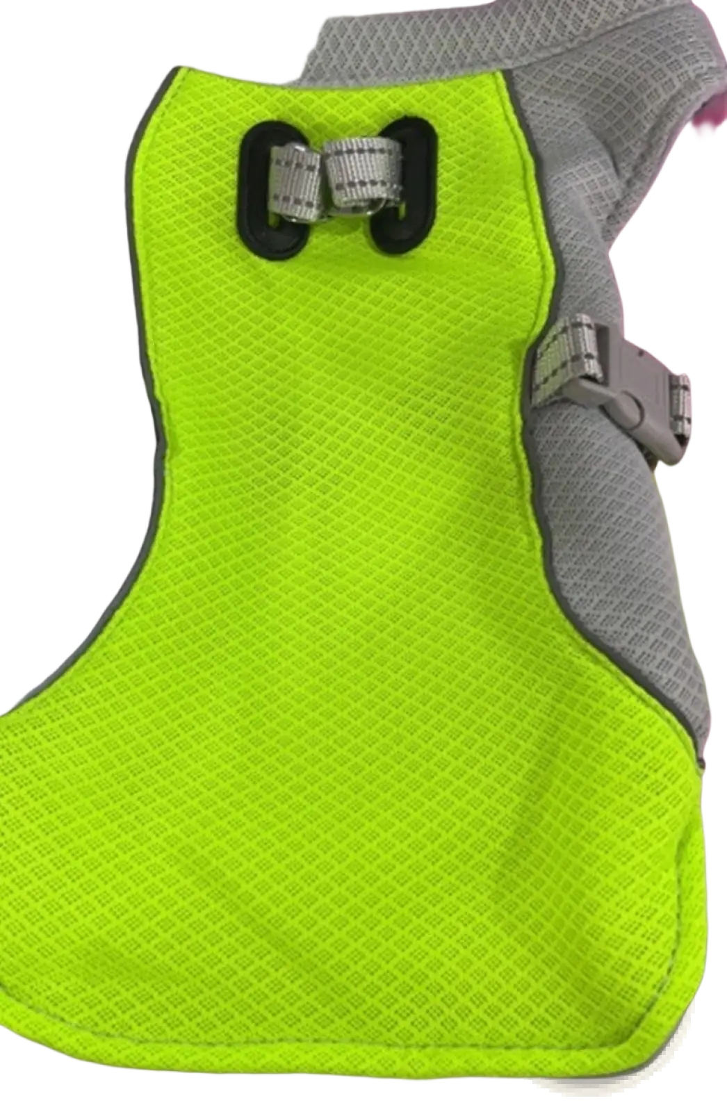 Neon green mesh dog cooling vest with black reflective panel and gray adjustable straps