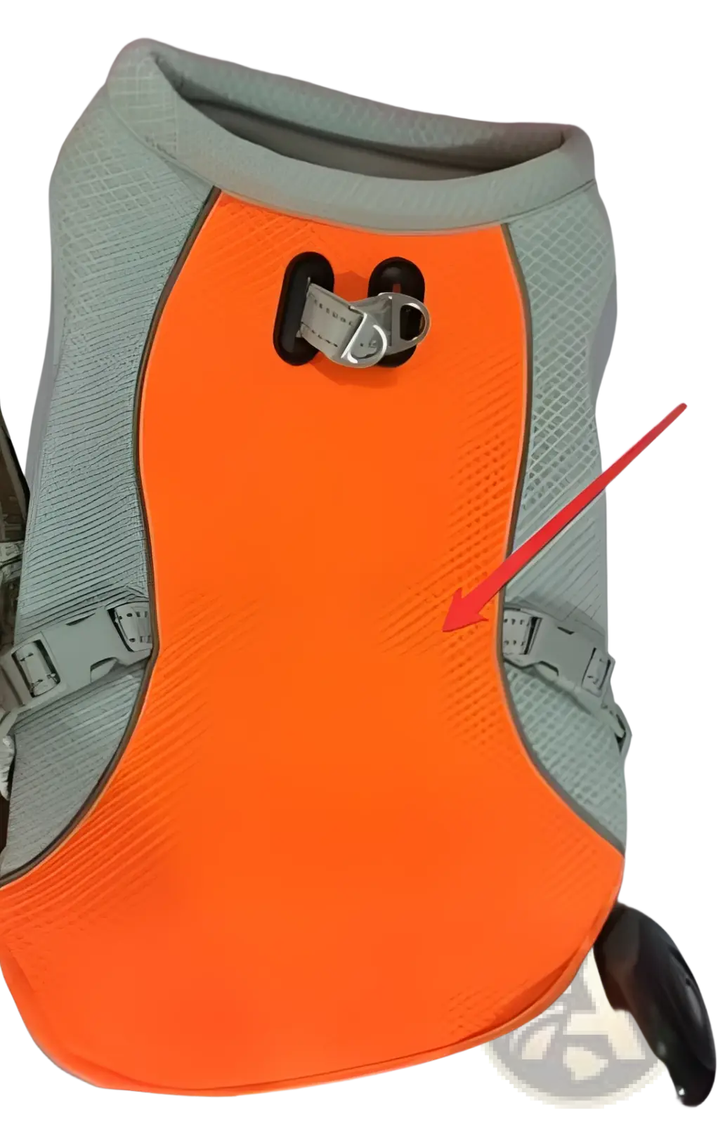 Orange and gray mesh dog cooling vest with black reflective patch and adjustable straps