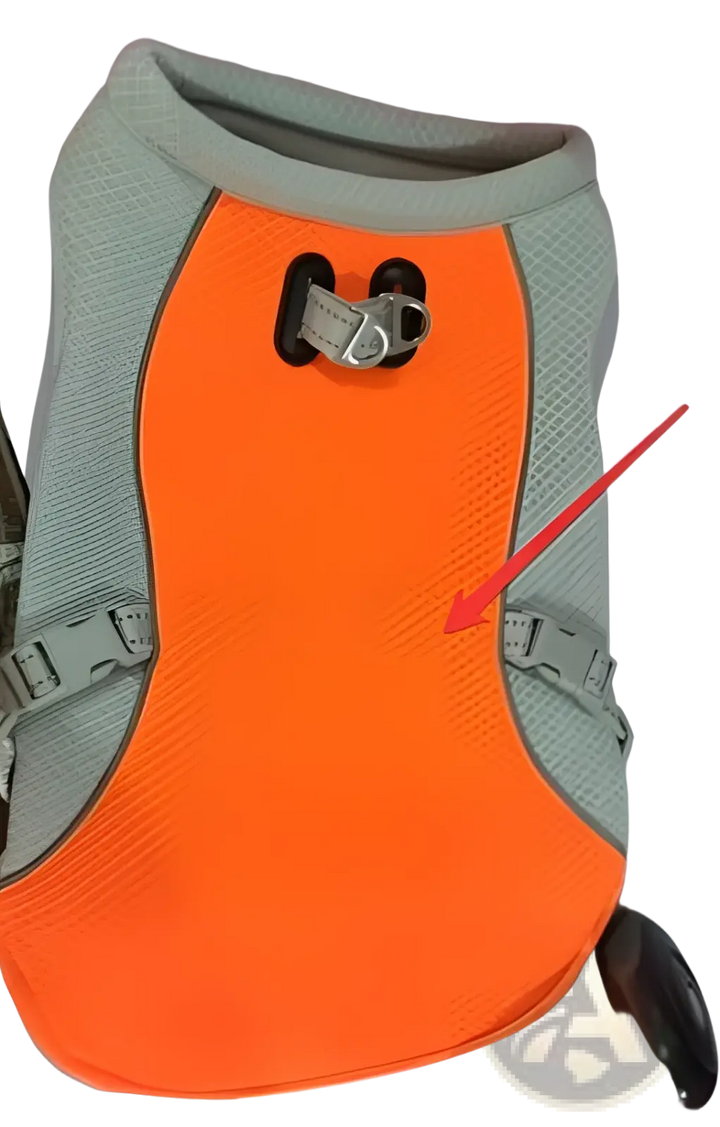 Orange and gray mesh dog cooling vest with black reflective patch and adjustable straps