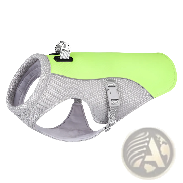 Neon green and gray mesh dog cooling vest with top buckle and open leg openings
