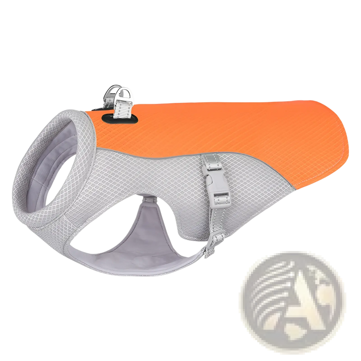 Bright orange and gray mesh dog cooling vest with front buckle and side strap tabs