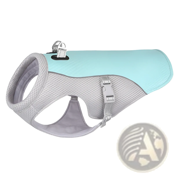 Aqua blue and gray mesh dog cooling vest with front buckle and open neck cutout