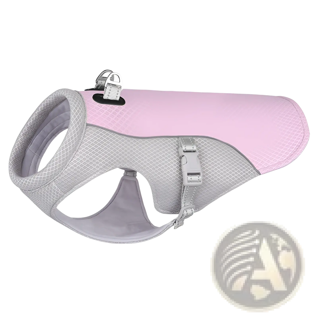 Pink and gray mesh dog cooling vest with front buckles and curved belly opening