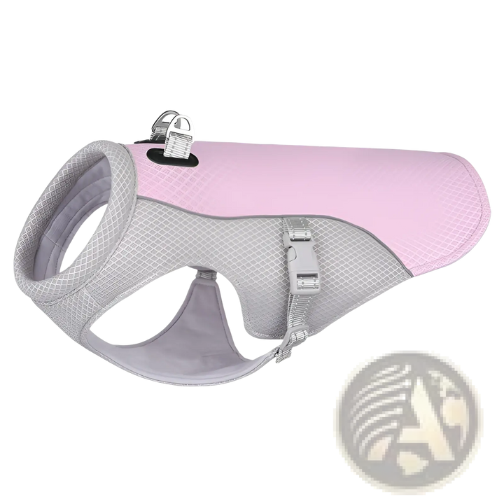 Pink and gray mesh dog cooling vest with front buckles and curved belly opening