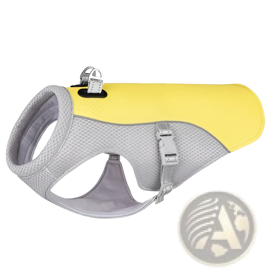 Yellow mesh dog cooling vest harness with gray buckles and front chest strap