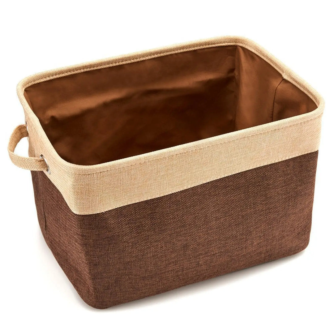 Brown and beige linen storage bin with open top and loop strap handles