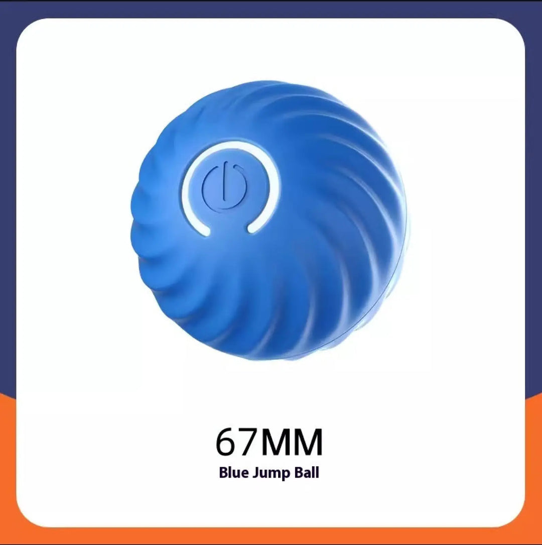 Blue rubber jumping dog ball with ridged texture and power-style icon center