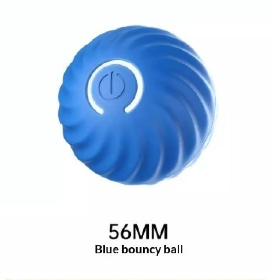 Blue rubber bouncy dog ball with ridged surface and circular power-style icon