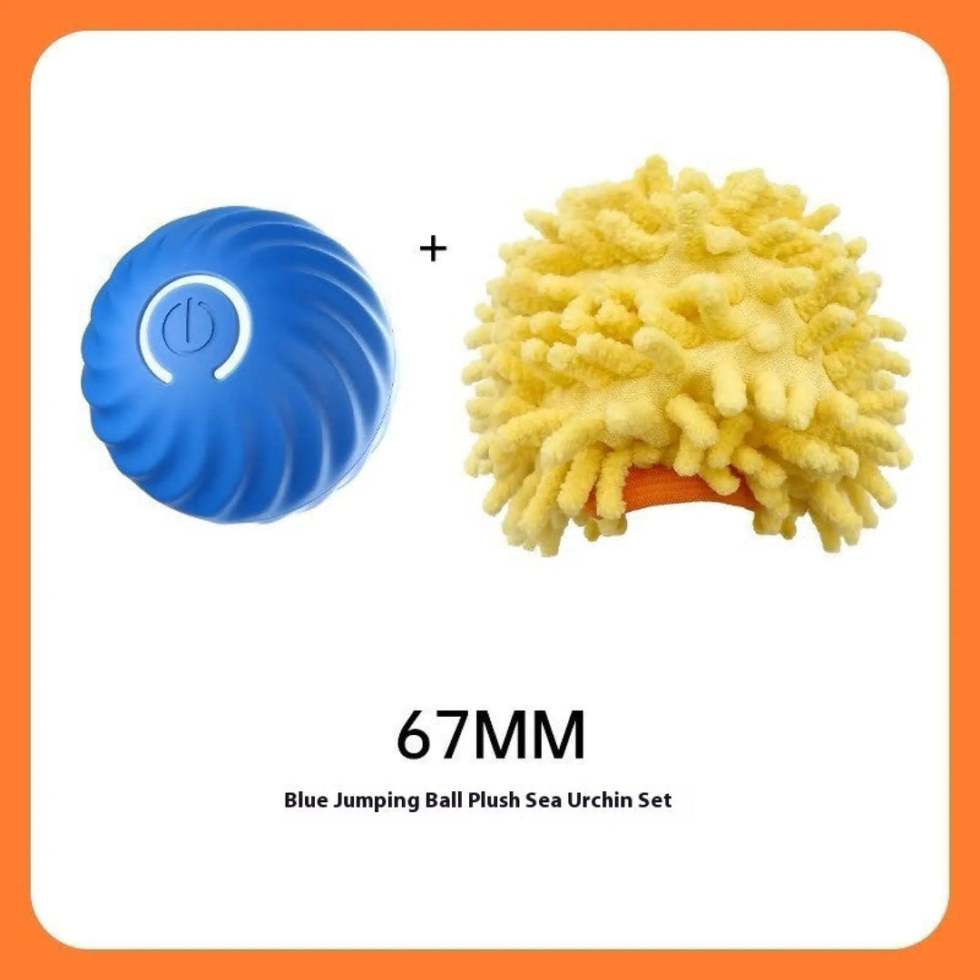 Blue rubber jumping dog ball with yellow plush sea urchin accessory set