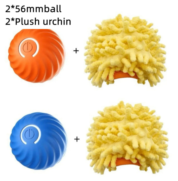 Orange and blue rubber balls paired with yellow plush sea urchin toys