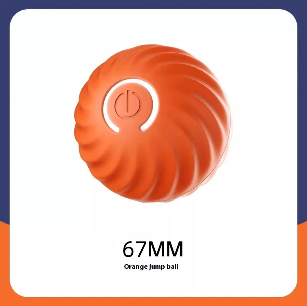 Orange rubber jumping dog ball with ridged texture and power-style icon in center