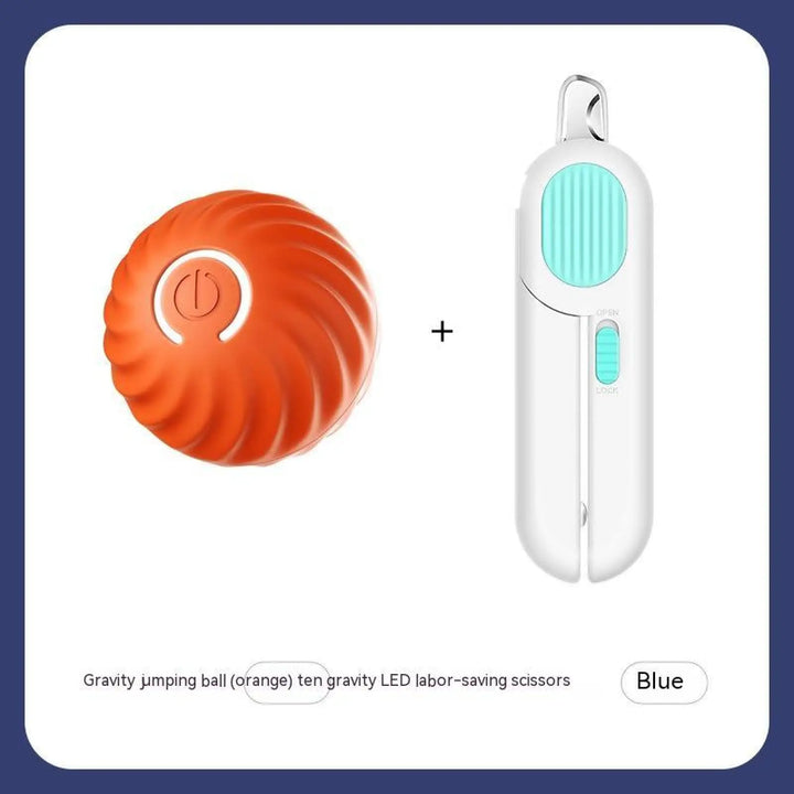 Orange rubber jumping dog ball plus white LED grooming scissors with teal accents
