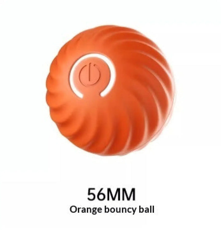 Orange rubber bouncy dog ball with ridged surface and circular power-style icon