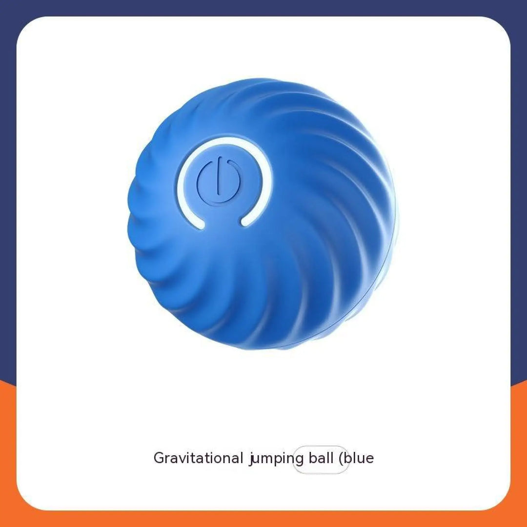Blue rubber jumping ball dog toy with circular power icon on front