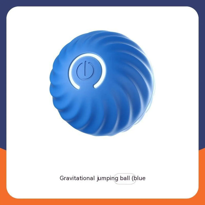 Blue rubber jumping ball dog toy with circular power icon on front