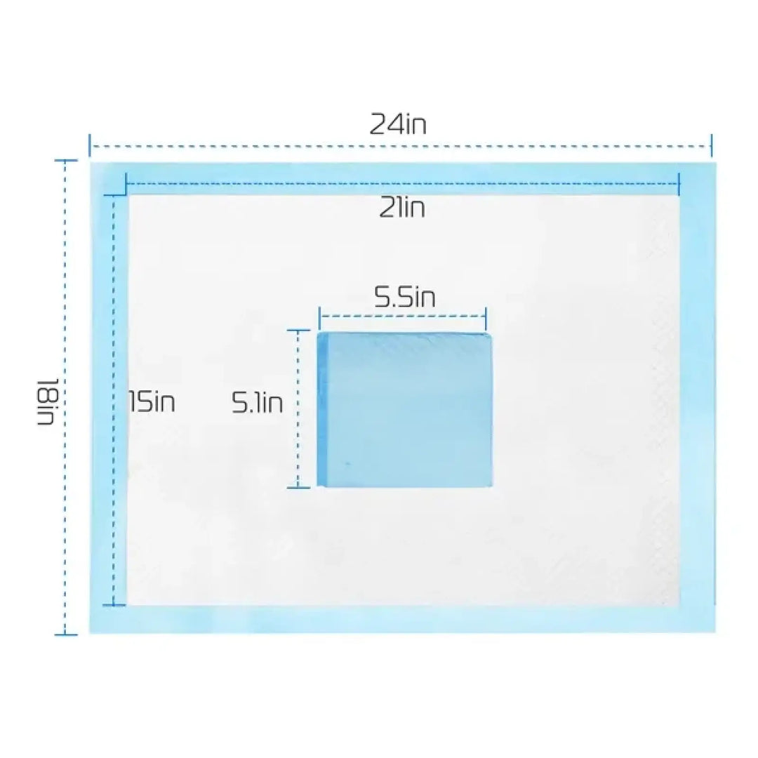 Leak-proof dog training pad size diagram with 24 in width and 18 in length