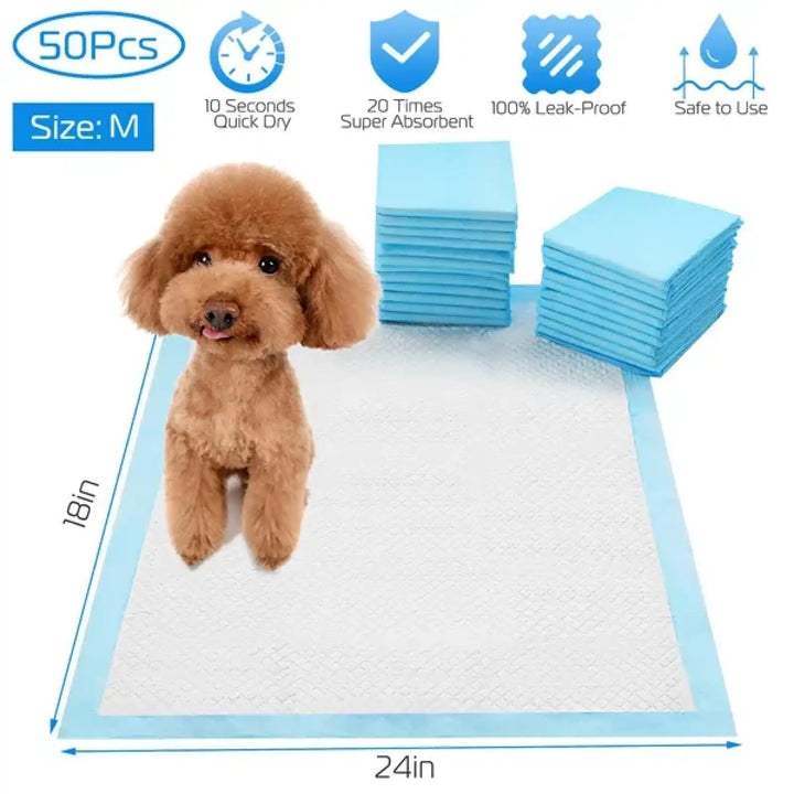 Blue and white leak-proof dog training pads, with stacked mats and size markings visible