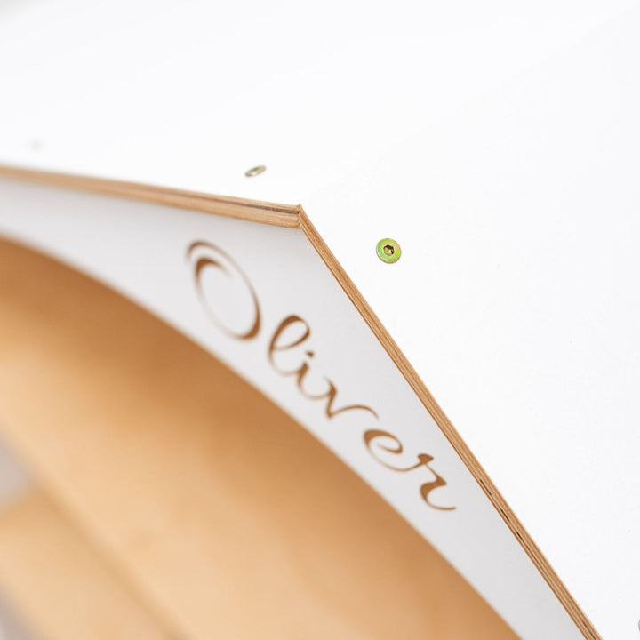 Wood dollhouse bookcase edge with cursive personalization "Oliver"