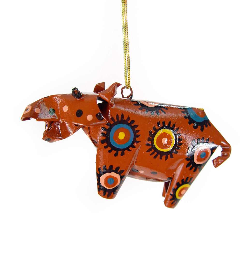 Hanging brown hippo ornament with blue and yellow folk patterns