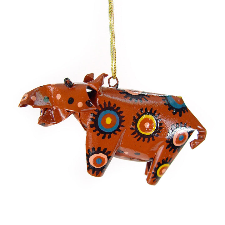Hanging brown hippo ornament with blue and yellow folk patterns