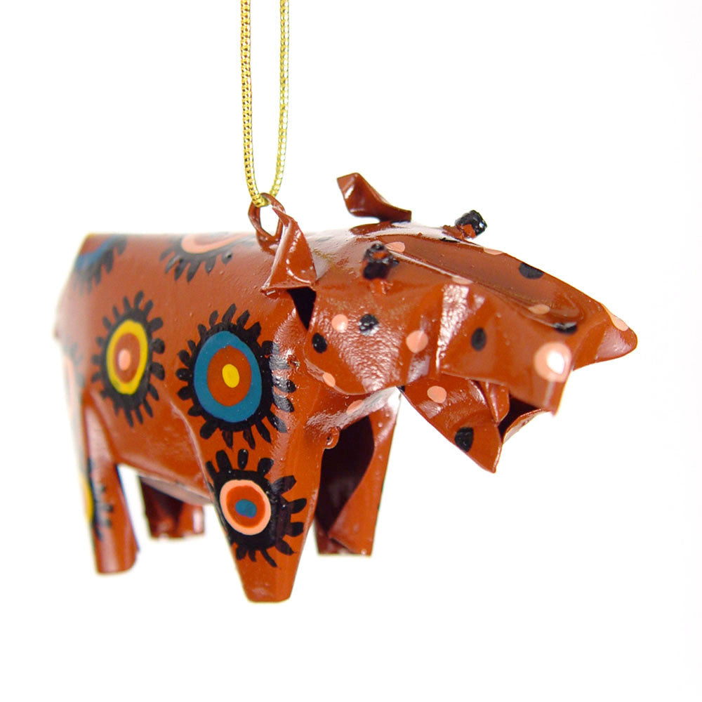 Hanging glossy hippo ornament in brown with blue and orange circular motifs