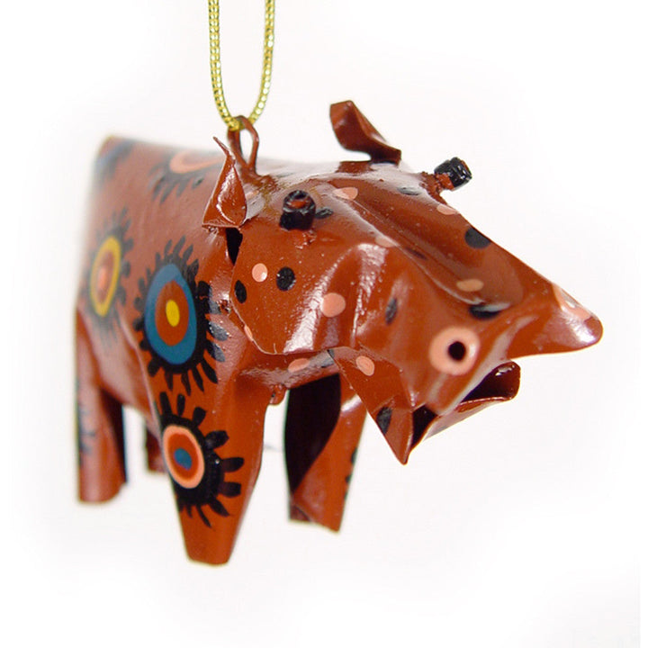 Hanging close-up hippo ornament, glossy brown with blue and yellow eye-like designs