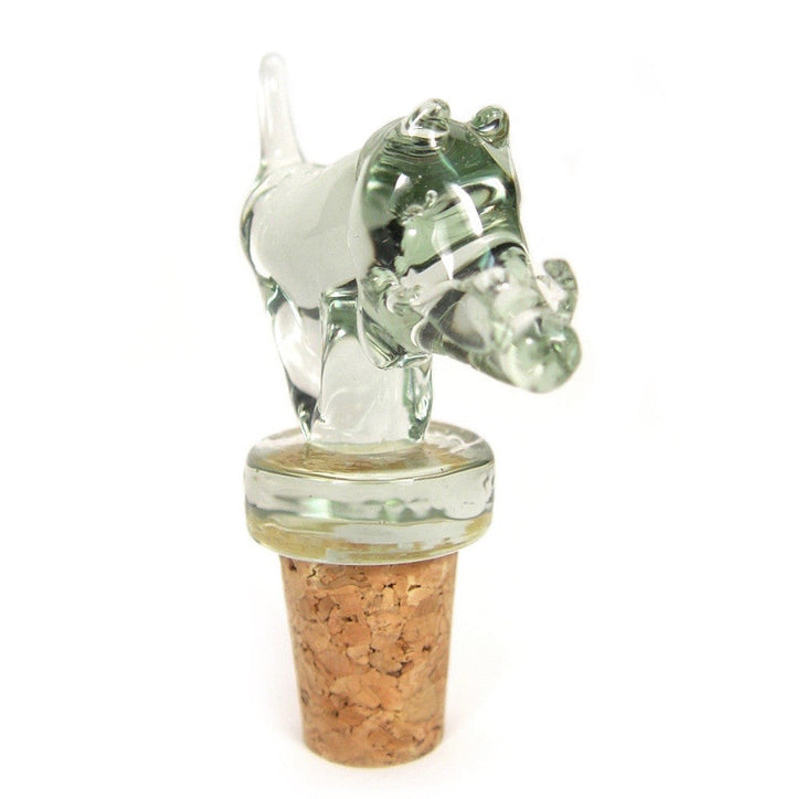 Animal-shaped glass wine stopper with clear figure and brown cork, side angle