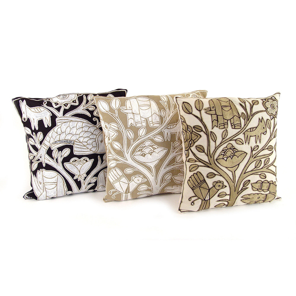 Beige and White Hand Embroidered Pillow Cover