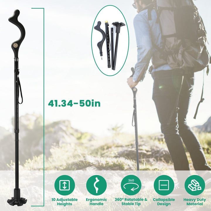 Black adjustable walking cane with curved handle, multi-section shaft, and rubber tip