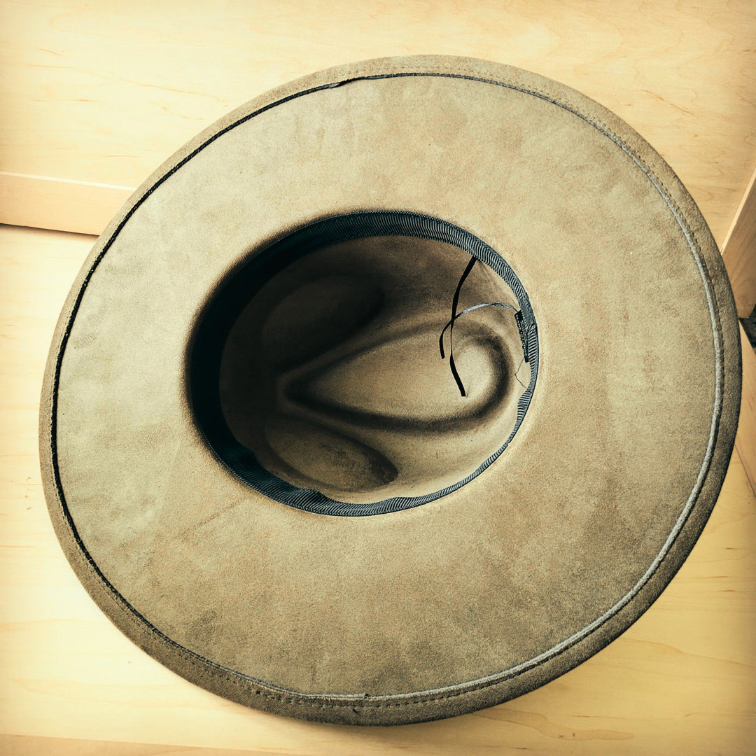 Distressed felt cowgirl hat, gray-olive, with black inner sweatband