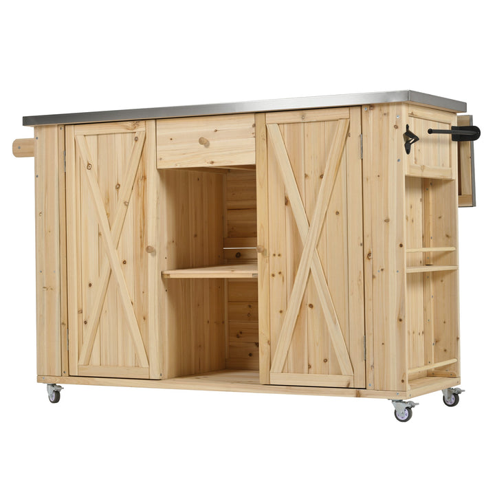 Fir Wood Kitchen Island with Stainless Steel Top