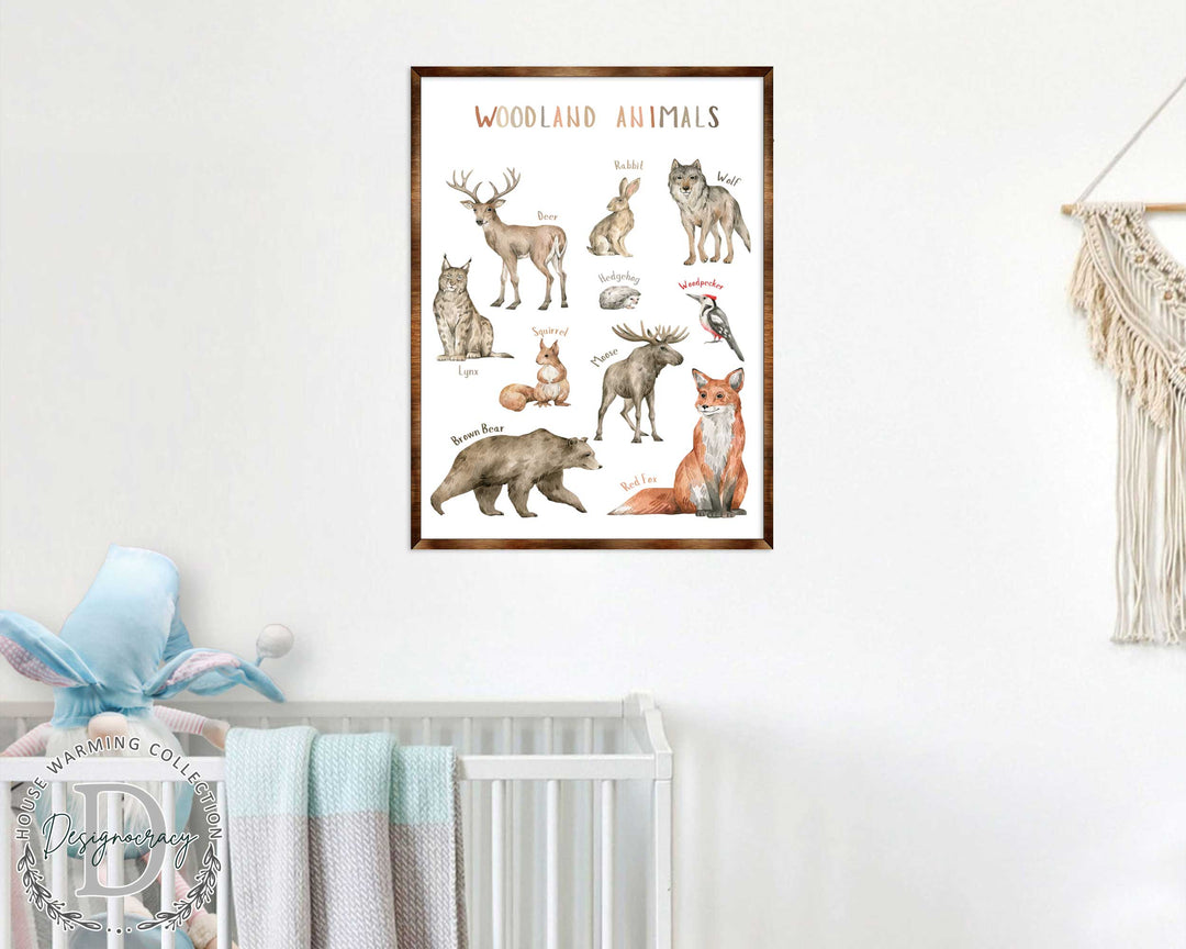 Framed woodland animals poster print featuring labeled animals and woodland creatures, centered