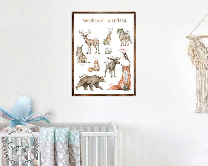 Framed woodland animals poster print featuring labeled animals and woodland creatures, centered
