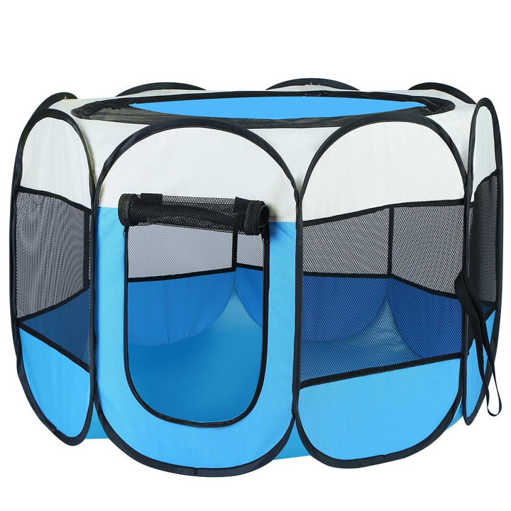 Blue and white foldable pet tent kennel with zip door and breathable mesh panels