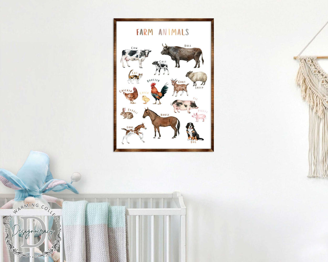 Framed farm animals wooden poster with cow, bull, rooster, pig, horse, and dog animal illustrations