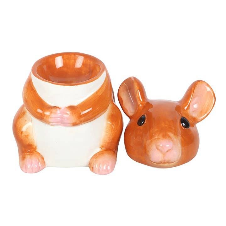 Mouse-shaped ceramic wax warmer with burner bowl and small mouse head ornament