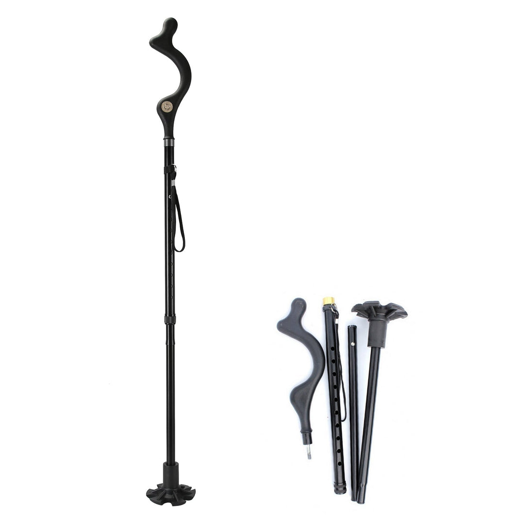 Black adjustable walking cane with curved handle; collapsed sections and extra tips included