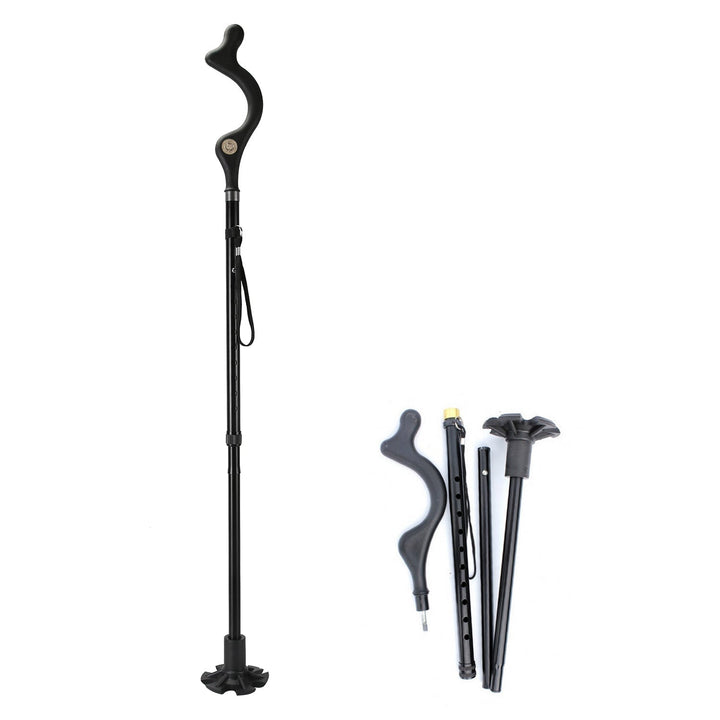 Black adjustable walking cane with curved handle; collapsed sections and extra tips included