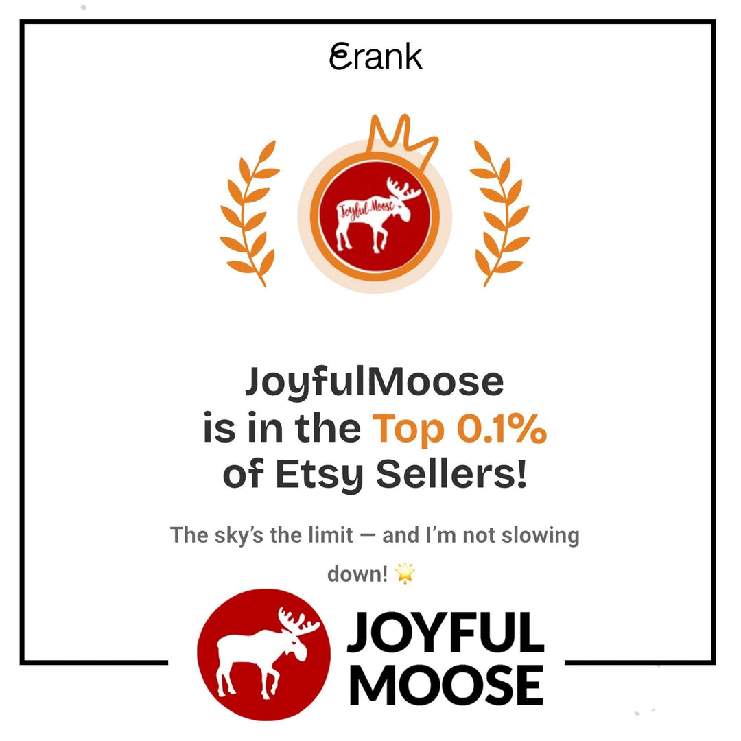 Joyful Moose promotional card with Top 0.1% Etsy Sellers message and logo
