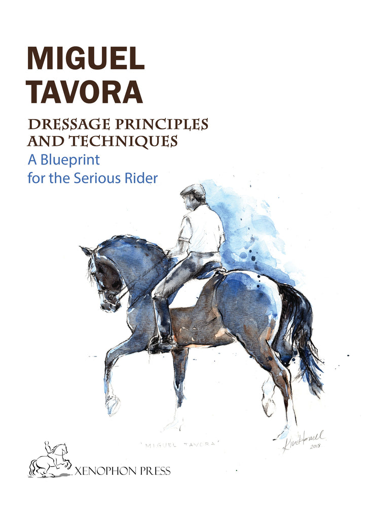 Dressage principles and techniques book cover with watercolor rider and blue horse