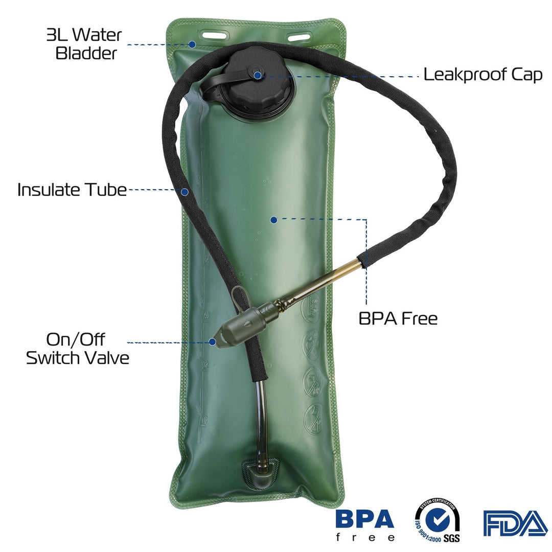 Green hydration bladder with leakproof cap and insulated tube inside the 3L pack