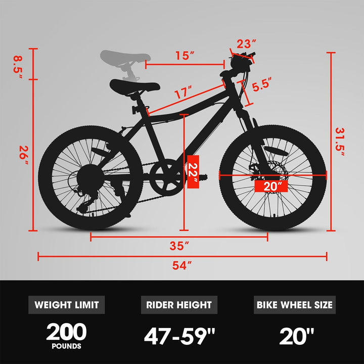 Kids 20-inch mountain bike sizing diagram with wheel size 20-inch and overall measurements