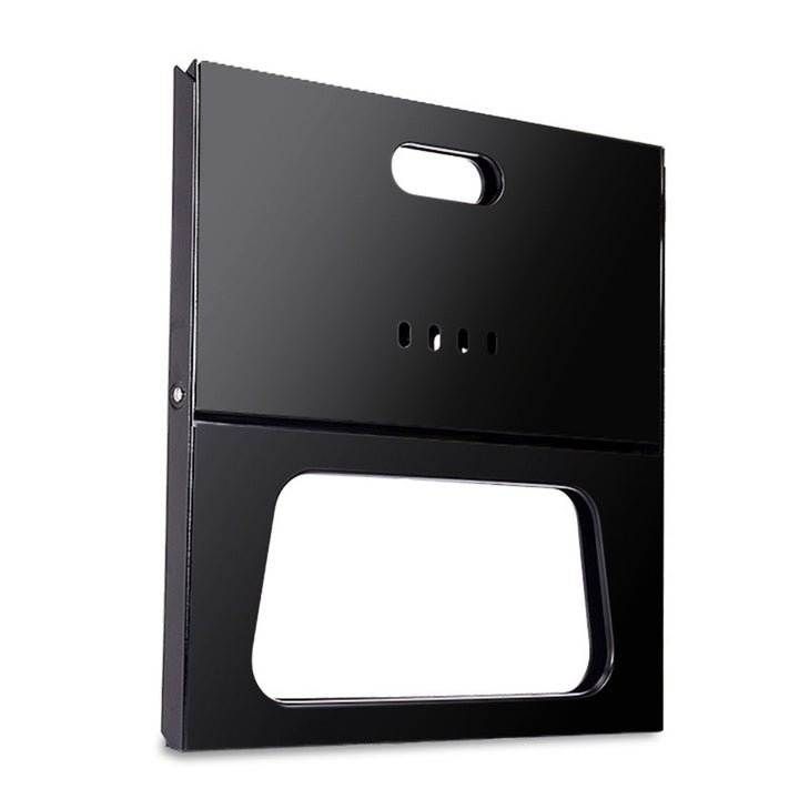 Folded charcoal barbecue grill with carry handle cutout and ventilation holes, black