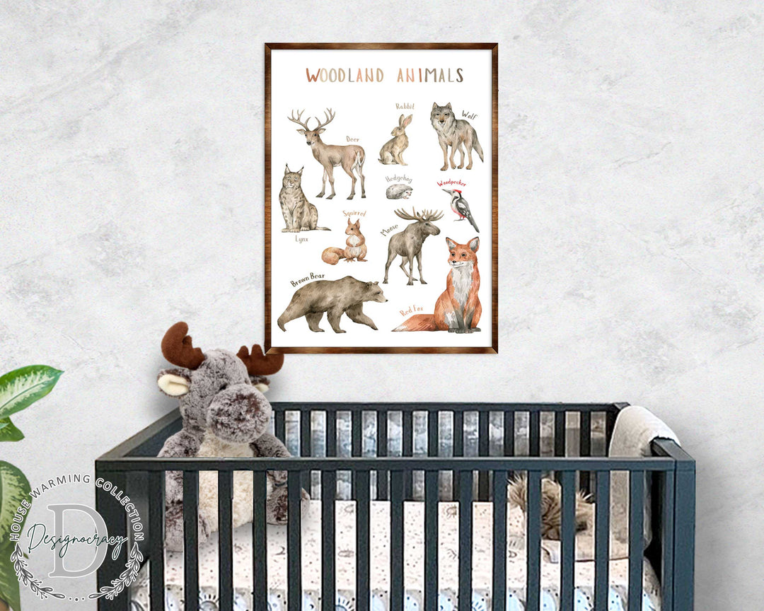 Framed woodland animals poster print featuring labeled deer, wolf, bear, hedgehog, and fox