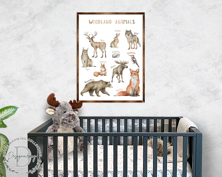 Framed woodland animals poster print featuring labeled deer, wolf, bear, hedgehog, and fox