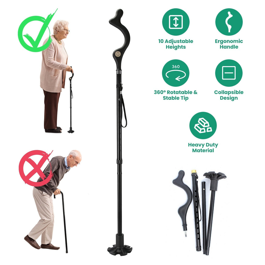 Black folding walking cane with curved handle; collapsed sections and rubber tips shown