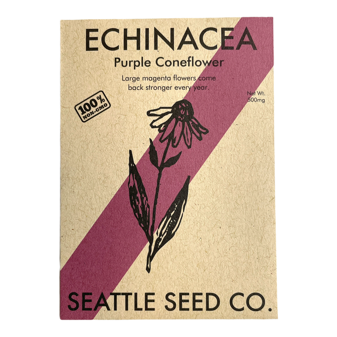 Echinacea seed packet with purple coneflower and Seattle Seed Co. branding