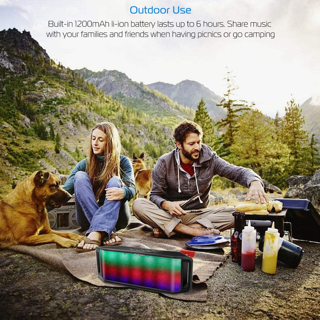 Outdoor-ready black wireless speaker with multicolor LED display