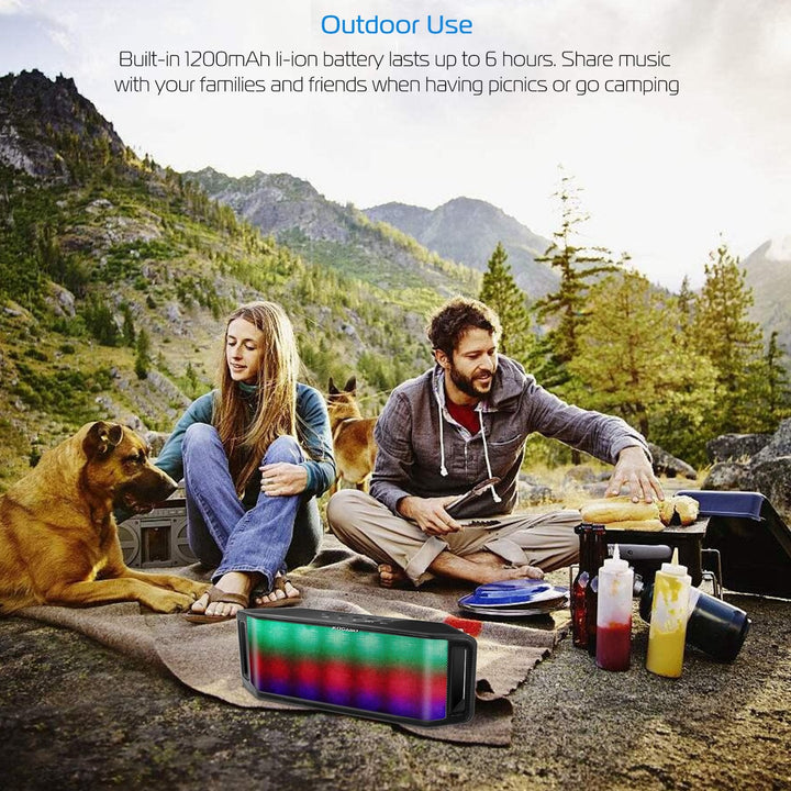 Outdoor-ready black wireless speaker with multicolor LED display